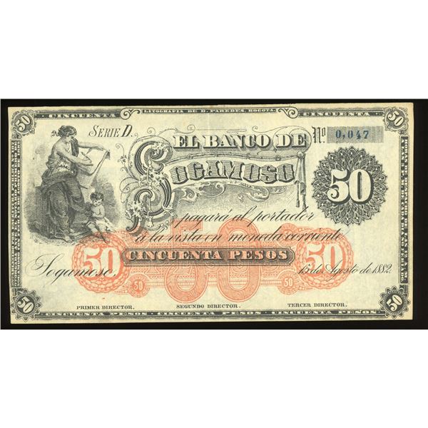 Sogamoso, Colombia, Banco de Sogamoso, 50 pesos remainder, 15-8-1882, series D, low serial 0047.