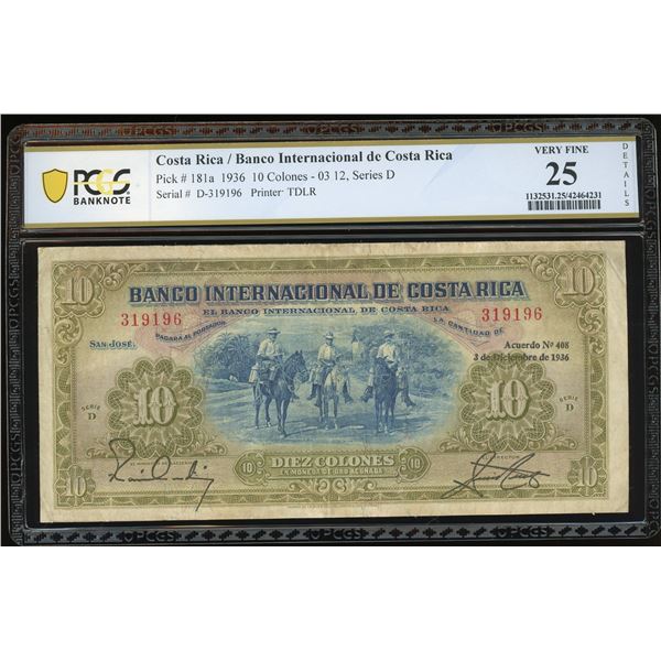 San Jose, Costa Rica, Banco Internacional, 10 colones, 3-12-1936, series D, serial 319196, PCGS VF 2