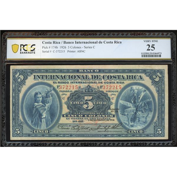 San Jose, Costa Rica, Banco Internacional, 5 colones, 2-11-1926, series C, serial 372215, PCGS VF 25