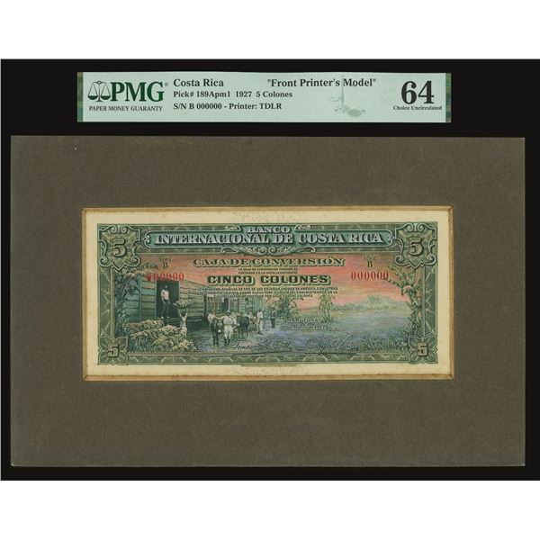 San Jose, Costa Rica, Banco Internacional, 5 colones front printer's model, 30-3-1927, series B, PMG