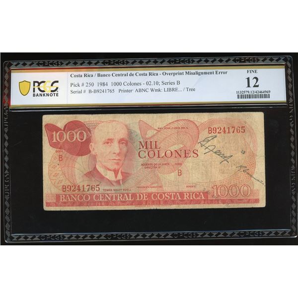 San Jose, Costa Rica, Banco Central, 1000 colones, 2-10-1984, series B, serial B9241765, misaligned