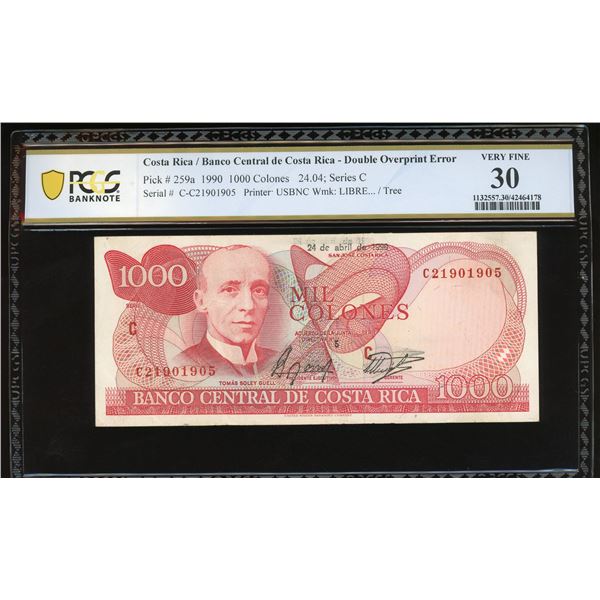 San Jose, Costa Rica, Banco Central, 1000 colones, 24-4-1990, series C, serial C21901905, double ove