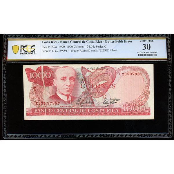 San Jose, Costa Rica, Banco Central, 1000 colones, 24-4-1990, series C, serial C23597987, gutter fol