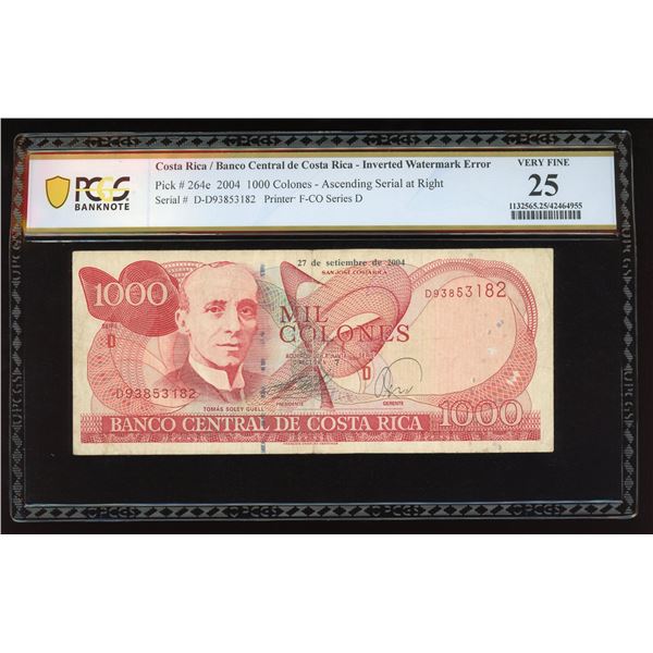 San Jose, Costa Rica, Banco Central, 1000 colones, 27-9-2004, series D, serial D93853182, inverted w