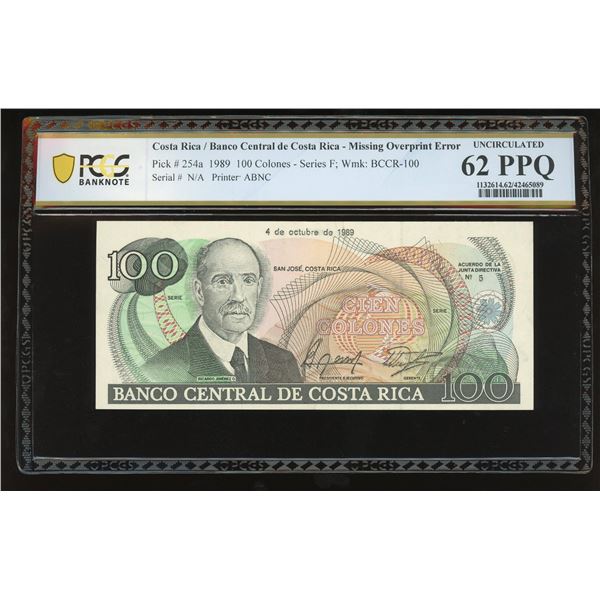 San Jose, Costa Rica, Banco Central, 100 colones, 4-10-1989, missing overprint error, PCGS UNC 62 PP