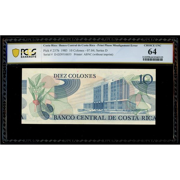 San Jose, Costa Rica, Banco Central, 10 colones, 7-4-1983, series D, serial D29510055, print phase m