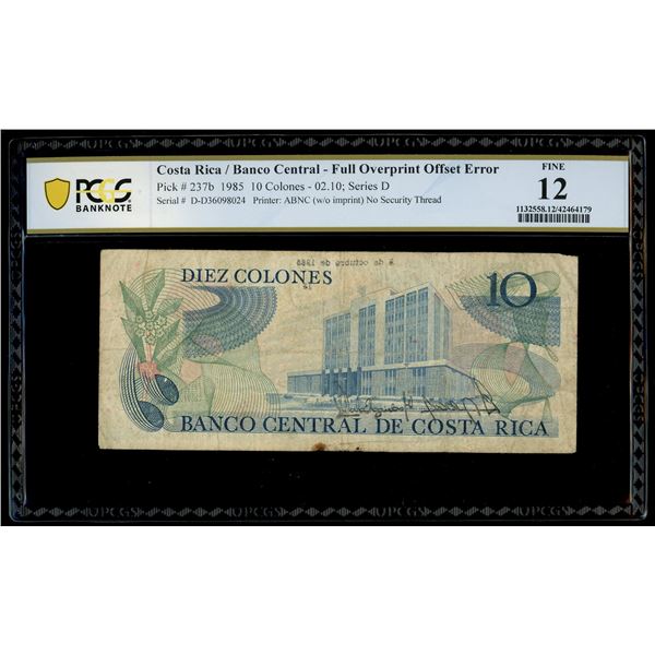 San Jose, Costa Rica, Banco Central, 10 colones, 2-10-1985, series D, serial D36098024, full overpri