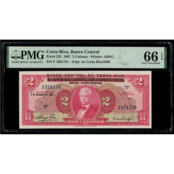 Costa Rica, Banco Central, 2 colones, 5-12-1967, series F, serial 1921731, with black overprint, PMG