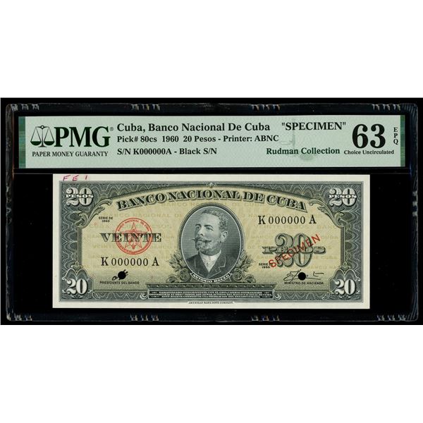 Cuba, Banco Nacional, 20 pesos specimen, series of 1960, with red specimen overprint, PMG Choice UNC