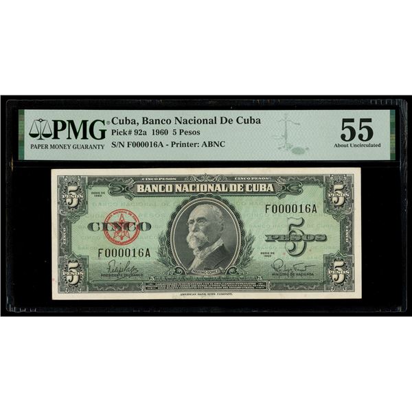 Cuba, Banco Nacional, 5 pesos, 1960, very low serial F000016A, PMG AU 55.