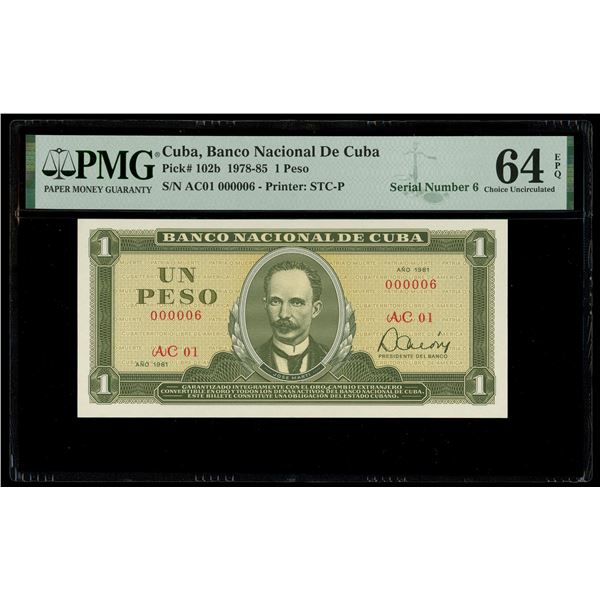 Cuba, Banco Nacional, 1 peso, 1981, series AC 01, very low serial 000006, PMG Choice UNC 64 EPQ.