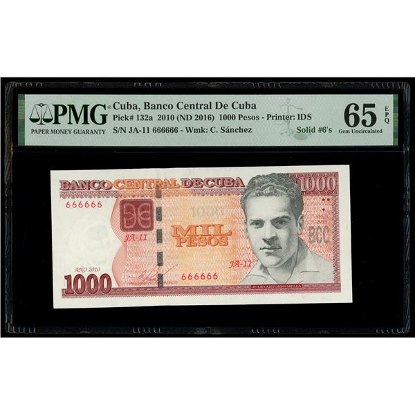 Cuba, Banco Central, 1000 pesos, 2021, series JA-11, solid serial 666666, PMG Gem UNC 65 EPQ.