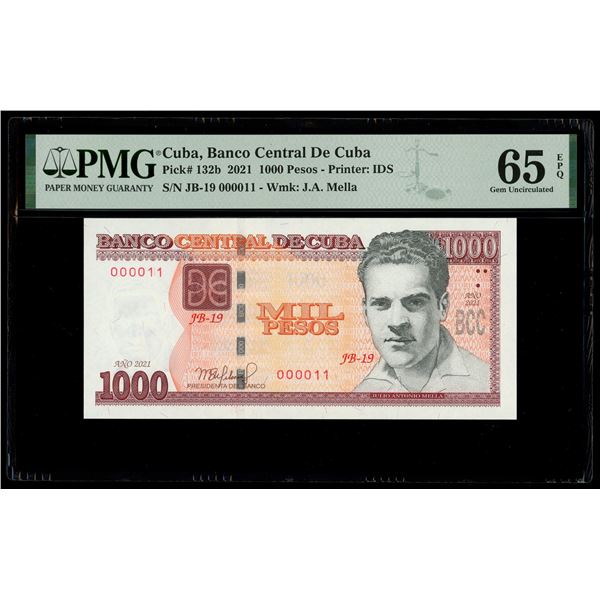 Cuba, Banco Central, 1000 pesos, 2021, series JB-19, very low serial 000011, PMG Gem UNC 65 EPQ.