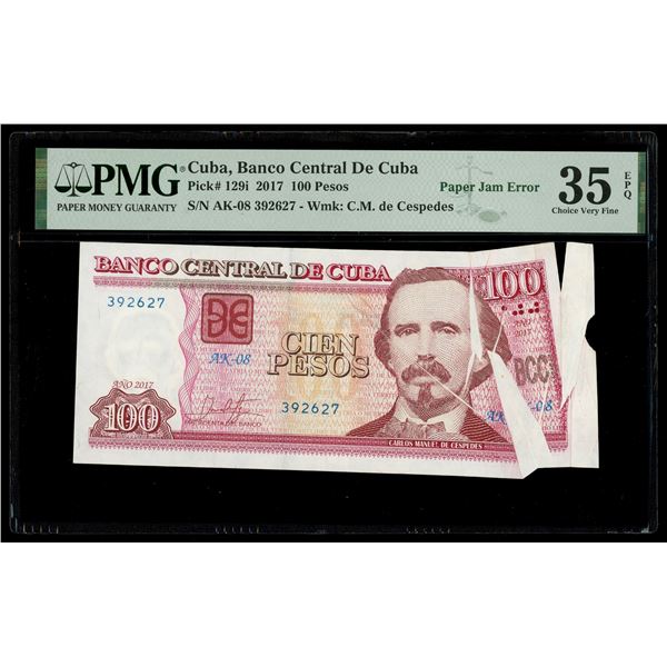 Cuba, Banco Central, 100 pesos, 2017, series AK-08, serial 392627, paper jam error, PMG Choice VF 35