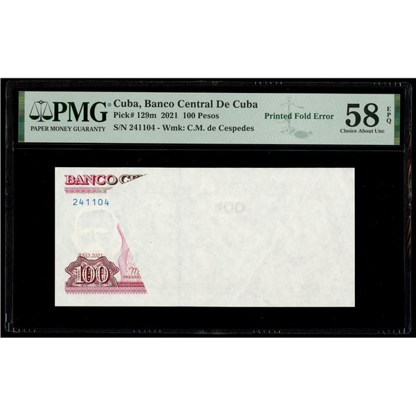 Cuba, Banco Central, 100 pesos, 2021, serial 241104, printed fold error, PMG Choice AU 58 EPQ, fines