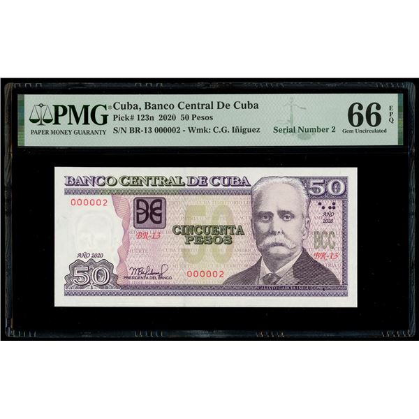 Cuba, Banco Central, 50 pesos, 2020, series BR-13, very low serial 000002, PMG Gem UNC 66 EPQ.