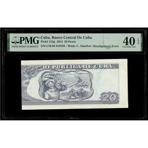 Cuba, Banco Central, 20 pesos, 2012, series CM-03, serial 010703, misalignment error, PMG XF 40 EPQ.