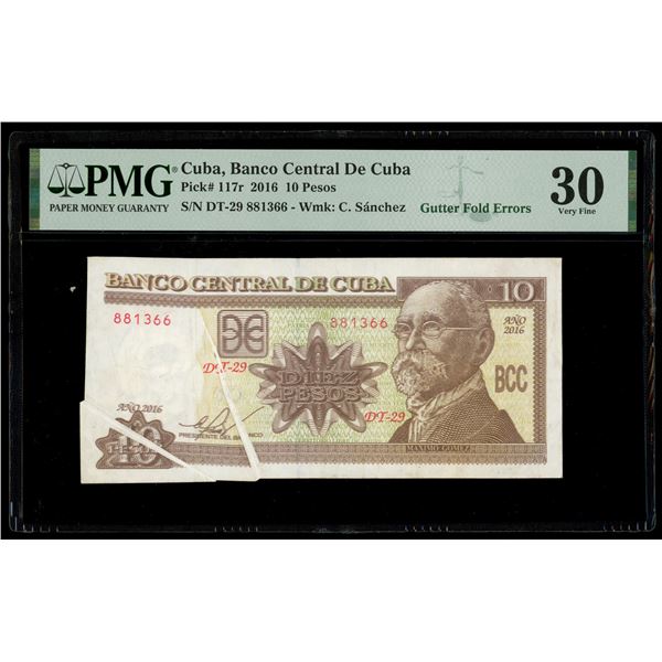 Cuba, Banco Central, 10 pesos, series DT-29, serial 881366, with gutter fold errors, PMG VF 30, fine