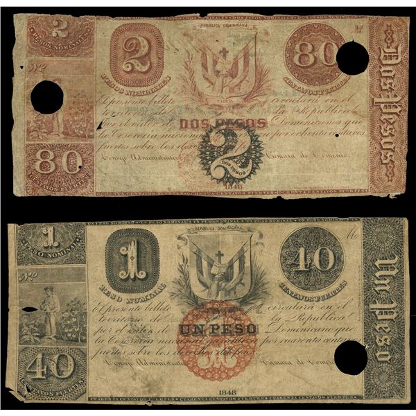 Lot of two Dominican Republic, Spanish Administration notes of 1848: 2 peso = 80 centavos and 1 peso