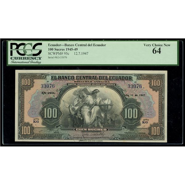 Quito, Ecuador, Banco Central, 100 sucres, 12-7-1947, series KG, serial 33076, PCGS Currency Very Ch