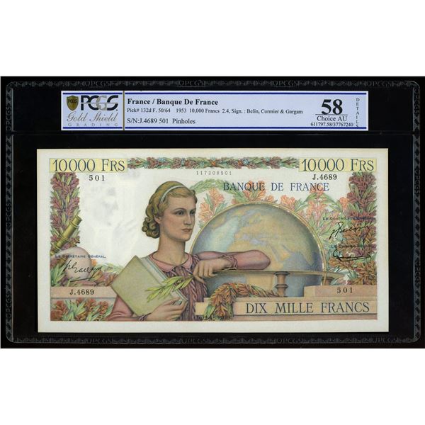 Paris, France, Banque de France, 10,000 francs, 2-4-1953, serial J. 4689 501 / 117208501, PCGS Choic