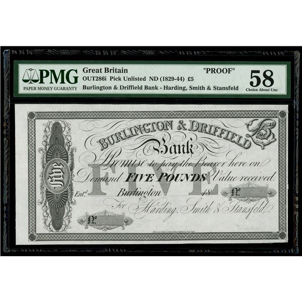 Burlington, Great Britain, Burlington & Driffield Bank, 5 pounds front proof, no date (1829-44), PMG