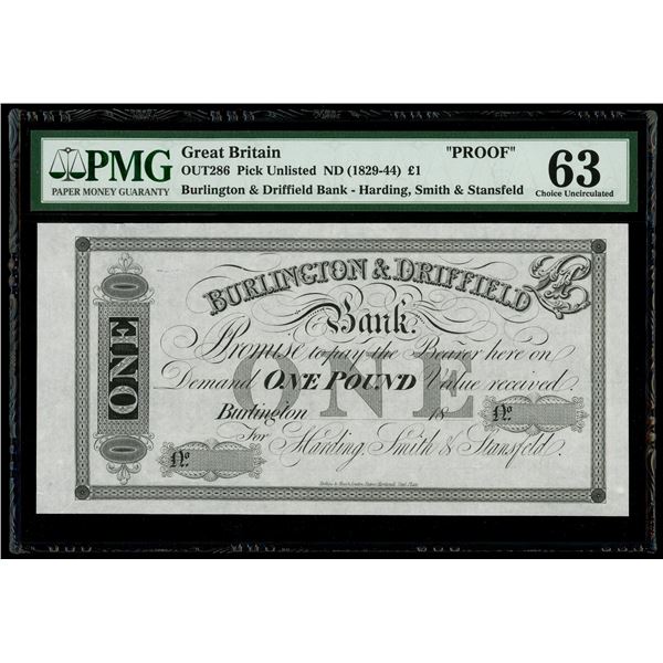 Burlington, Great Britain, Burlington & Driffield Bank, 1 pound front proof, no date (1829-44), PMG