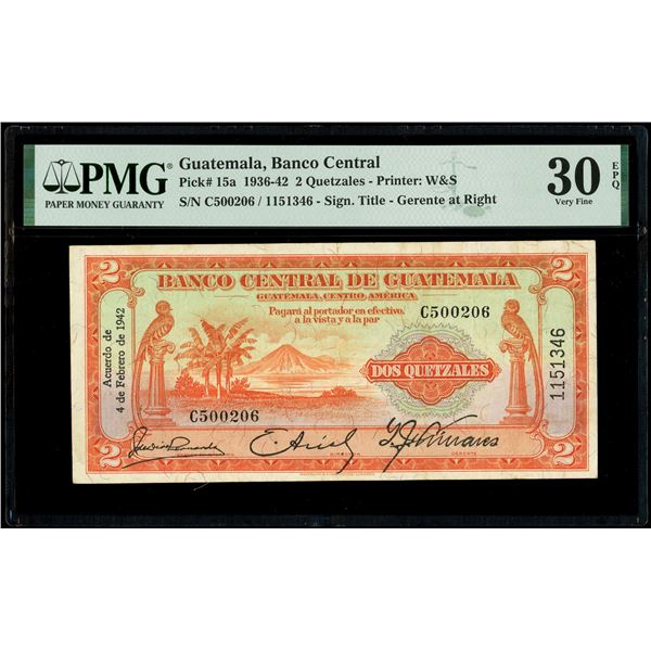 Guatemala, Banco Central, 2 quetzales, 4-2-1942, serial C500206 / 1151346, PMG VF 30 EPQ.