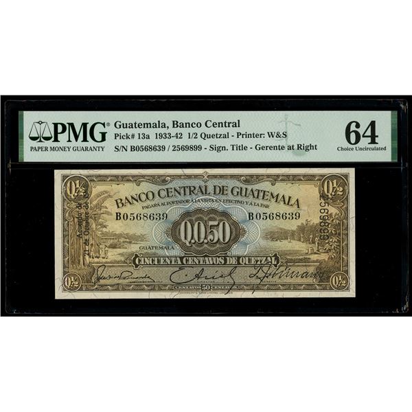 Guatemala, Banco Central, 1/2 quetzal, 21-10-1942, serial B0568639 / 2569899, PMG Choice UNC 64.