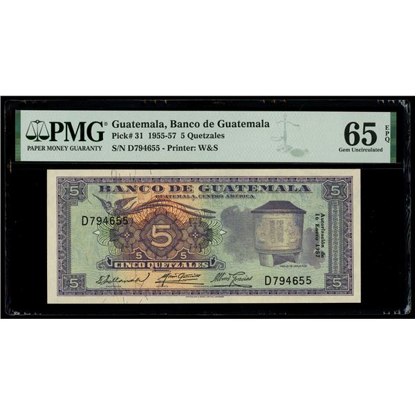 Guatemala, Banco de Guatemala, 5 quetzales, 16-1-1957, serial D794655, PMG Gem UNC 65 EPQ.