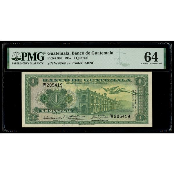 Guatemala, Banco de Guatemala, 1 quetzal, 16-1-1957, serial W205419, PMG Choice UNC 64, finest and o