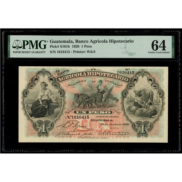 Guatemala, Banco Agricola Hipotecario, 1 peso, 30-6-1920, serial 1616415, PMG Choice UNC 64.