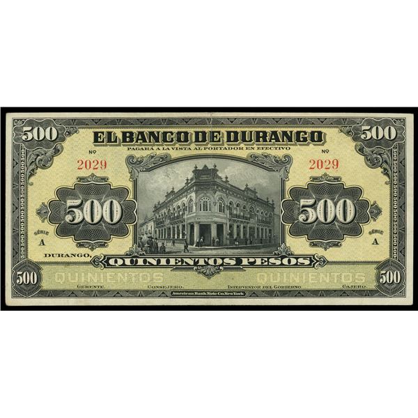 Durango, Mexico, Banco de Durango, 500 pesos remainder, no date (1914), series A, serial 2029.