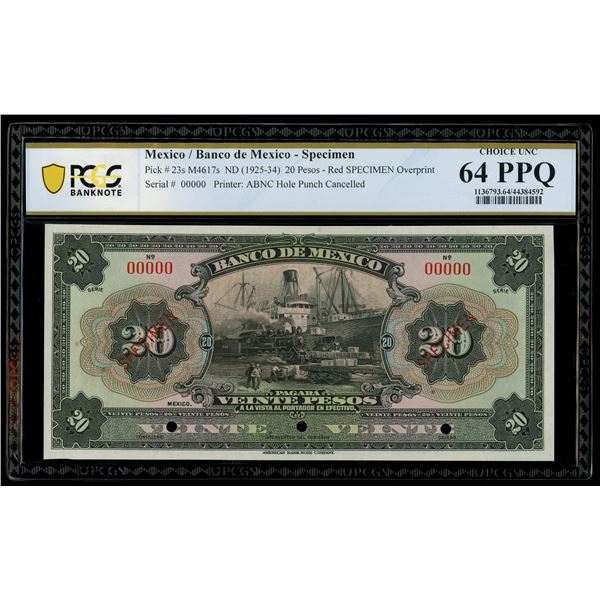 Mexico City, Mexico, Banco de Mexico, 20 pesos specimen, (1925-34), PCGS Banknote Choice UNC 64 PPQ.