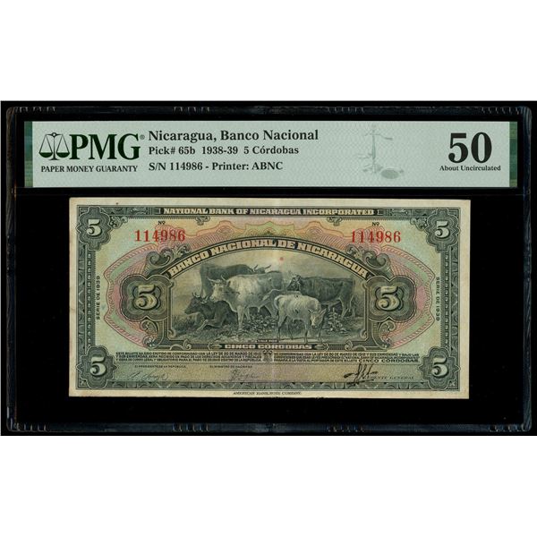 Nicaragua, Banco Nacional, 5 cordobas, series of 1939, serial 114986, PMG AU 50.