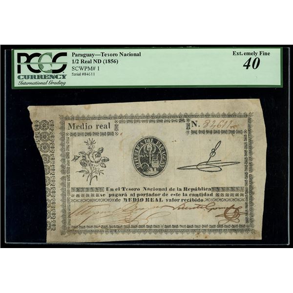 Paraguay, Tesoro Nacional, 1/2 real, (1856), serial 84611, PCGS Currency XF 40.