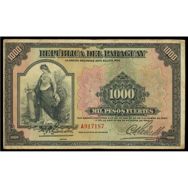 Paraguay, Republica del Paraguay, 1000 pesos fuertes, 25-10-1923, serial A917187.