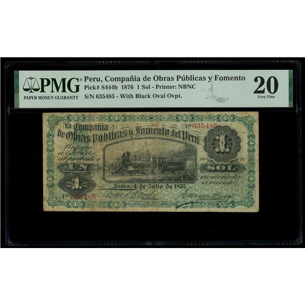 Lima, Peru, Compania de Obras Publicas y Fomento, 1 sol, 4-7-1876, series A, serial 635485, with bla