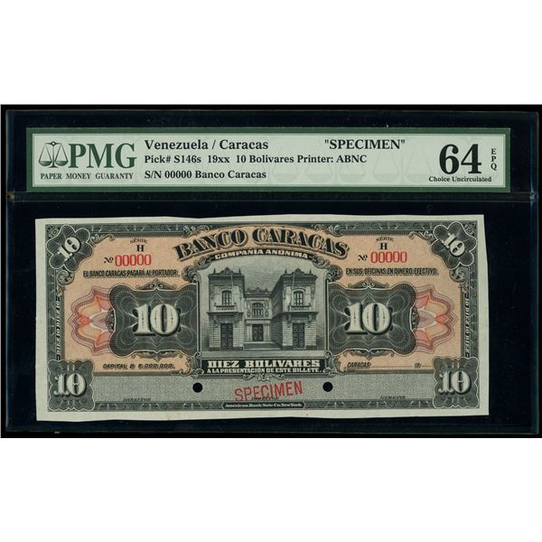 Caracas, Venezuela, Banco Caracas, 10 bolivares specimen, no date (1914), series H, PMG Choice UNC 6