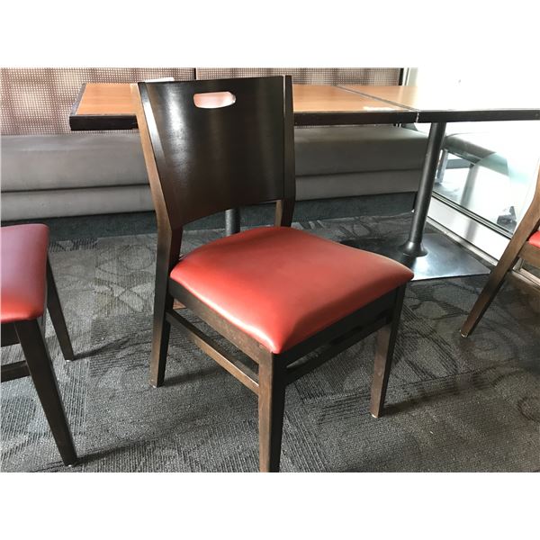 WOOD AND RED UPHOLSTERED CHAIR. HOLSAG CANADA BRAND- MADE IN CANADA