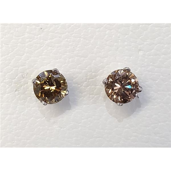 14K White Gold Diamonds(0.58Ct,Si2-I1,Greenish Yellow) Stud Earrings (~weight 0.53g), Made in Canada