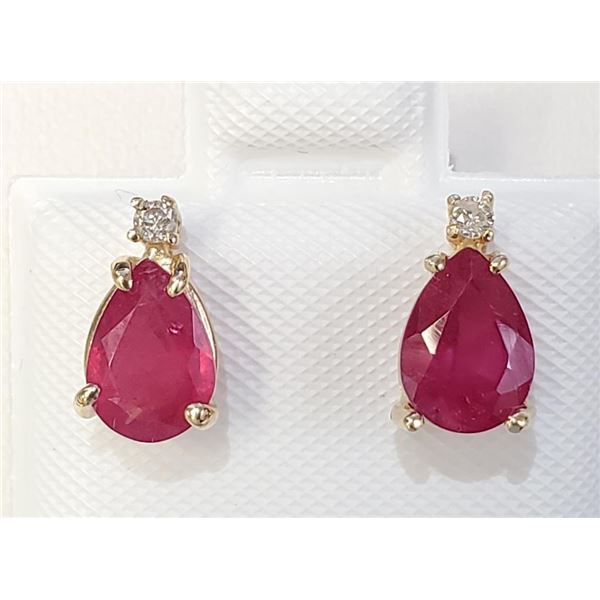 14K Yellow Gold Ruby(1.2ct) Diamonds(0.03Ct,I1-I2,G-H) Stud Earrings (~weight 1.3g), Made in Canada,