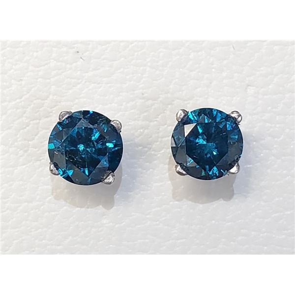 14K White Gold Diamonds(1Ct,I1-I3,Intense Blue) Stud Earrings (~weight 0.73g), Made in Canada, Appra
