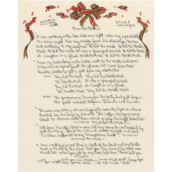 Bobby 'Boris' Pickett Signed Handwritten Lyrics for 'Monster Mash'