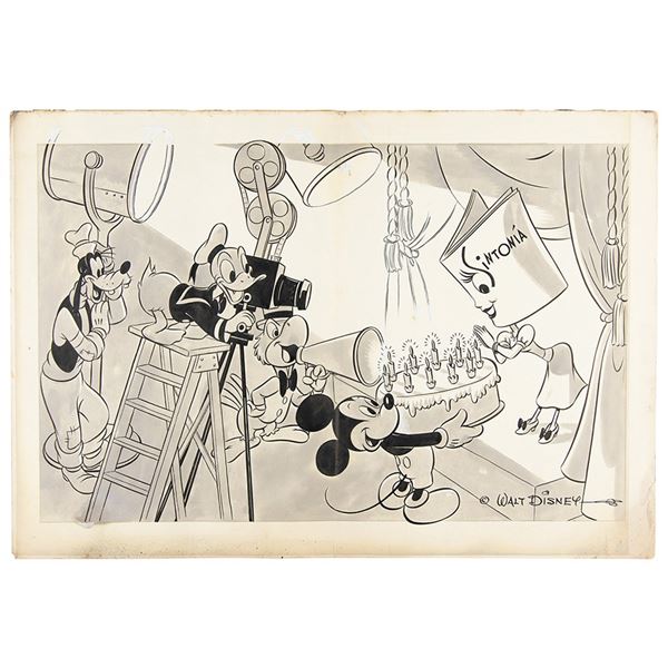 Hank Porter publicity artwork of Mickey Mouse, Goofy, Donald Duck, and Jose Carioca for a Disney Stu