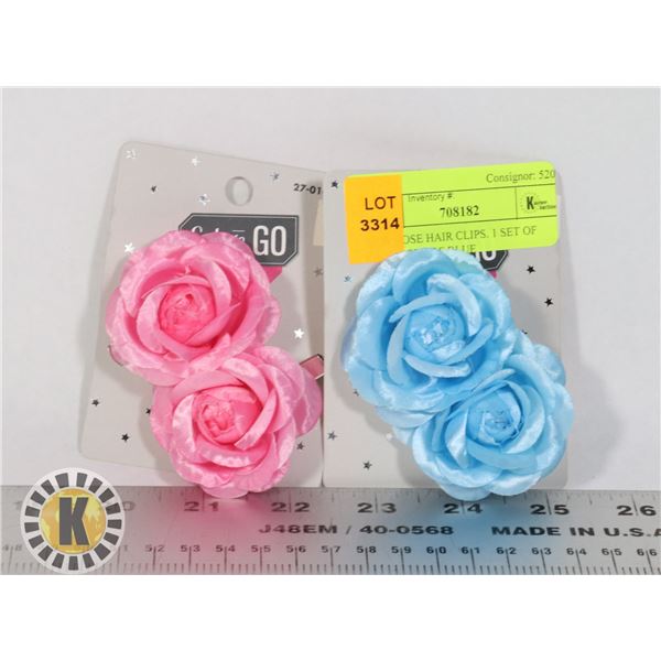 NEW ROSE HAIR CLIPS. 1 SET OF PINK, 1 SET OF BLUE