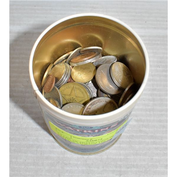 2.5 LBS. OF MIXED COINS IN VINTAGE STORAGE TIN.