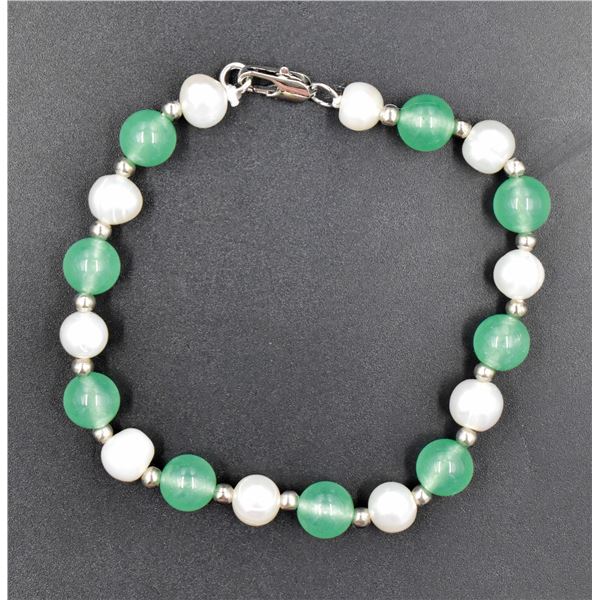 #138- FRESH WATER PEARL& GREEN JADE  BRACELET