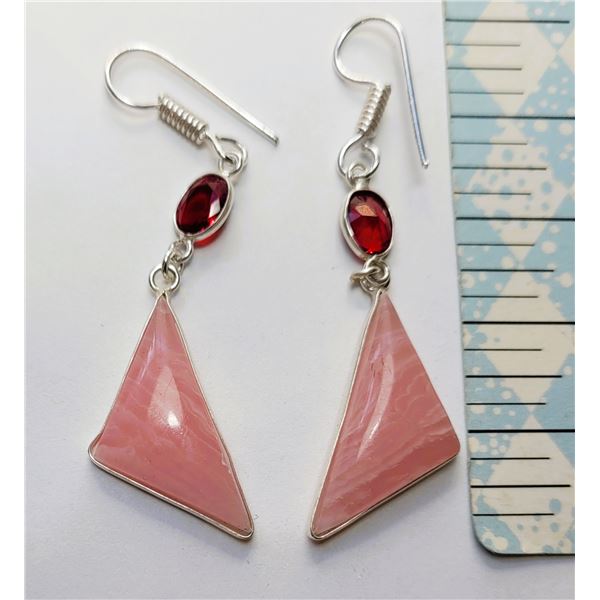 14)  PINK OPAL DROP EARRING WITH GARNET ACCENTS.