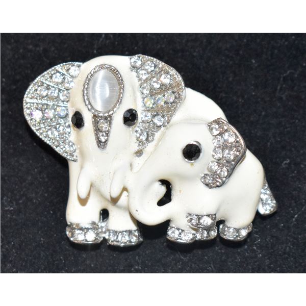 VINTAGE ENAMEL ELEPHANT BROOCH WITH MOONSTONE